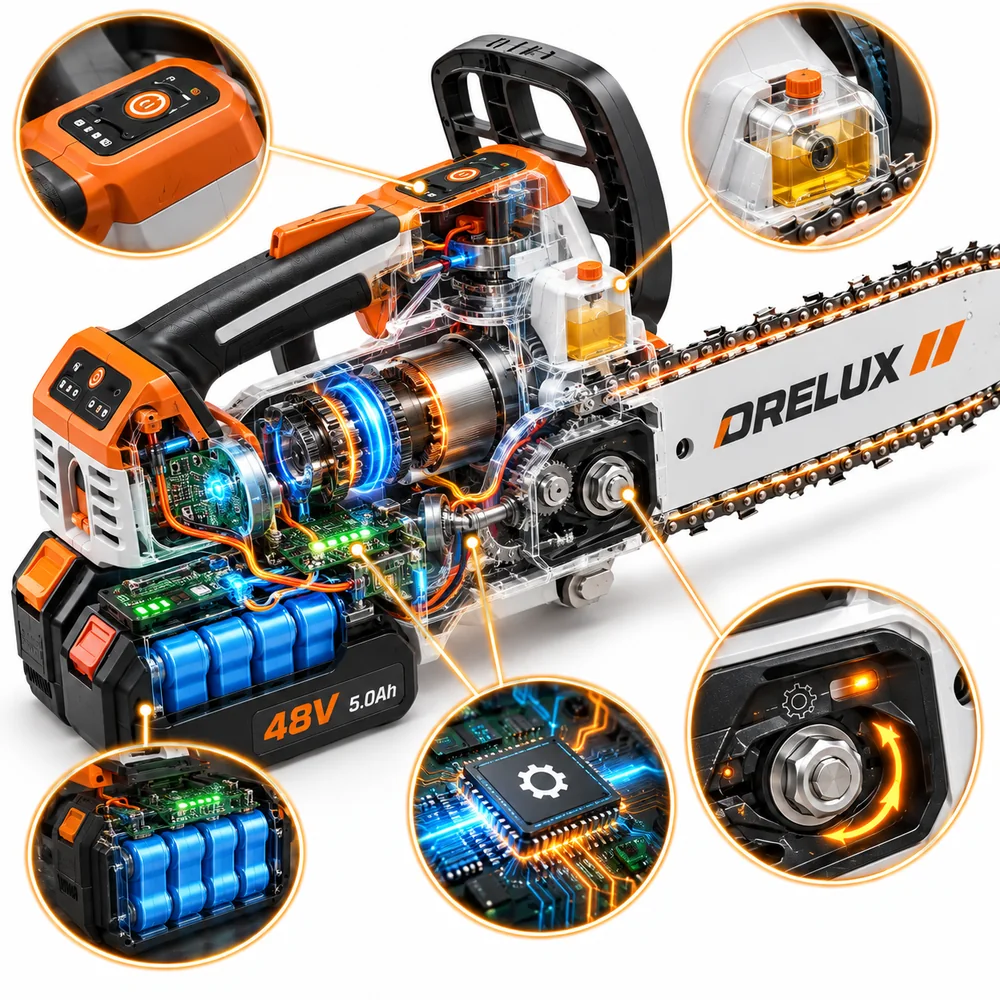 Řez akumulátorovou řetězovou pilou Orelux™ s bezkartáčovým motorem, elektronikou, články akumulátoru, olejovou nádržkou a automatickým napínáním řetězu