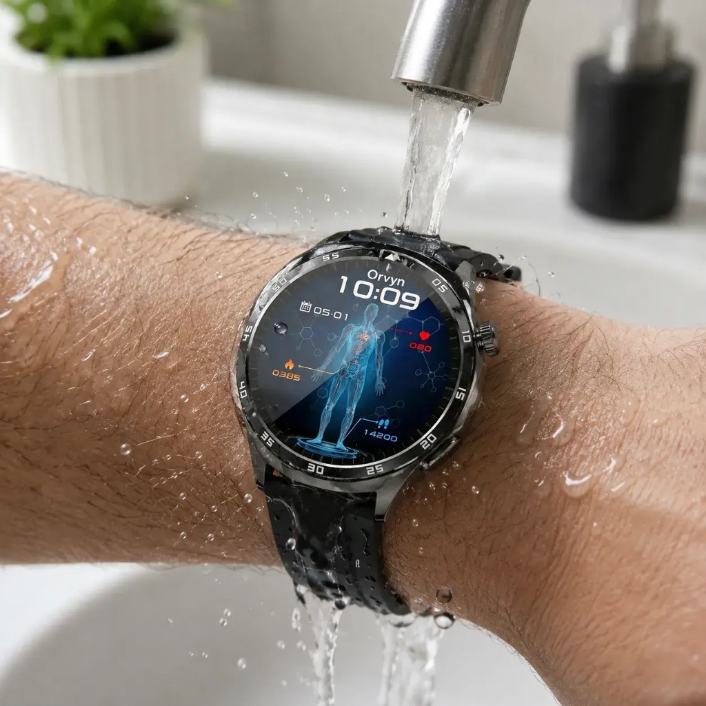 Orvyn water-resistant smartwatch under running water